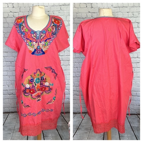 Mexican Embroidered Coral Floral Caftan Shift Oaxacan Peasant Boho Dress XL NWOT - Picture 3 of 16